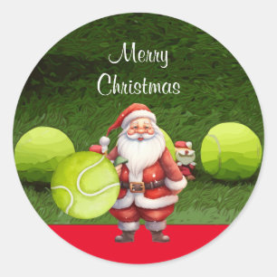Tennis Frohe Weihnachten mit Tennisball und Santa Runder Aufkleber