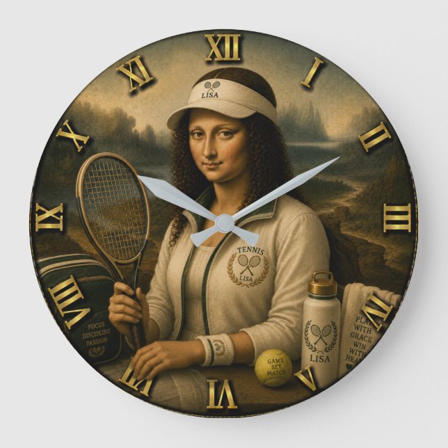 Tennis Funny Mona Lisa Große Wanduhr (Vorderseite)