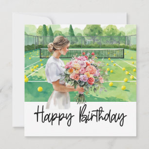 Tennis-Geburtstag mit Frau hält Blume auf dem Plat Karte