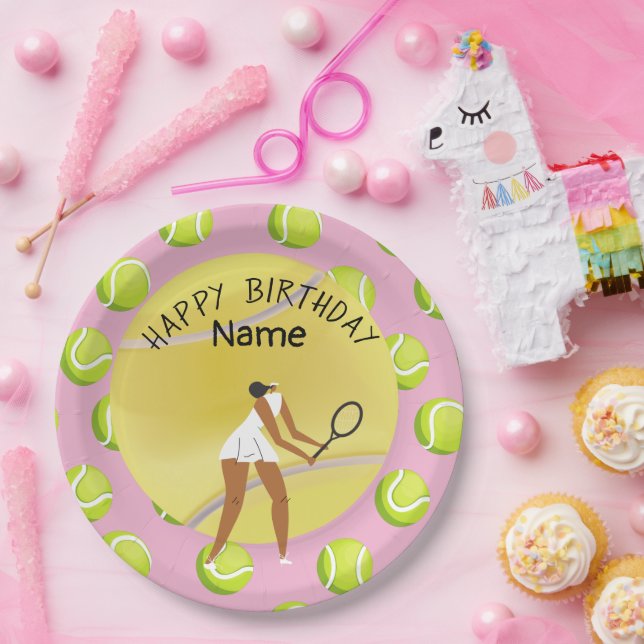 Tennis Geburtstag mit Tennisspieler auf rosa Pappteller (Party)
