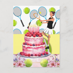Tennis-Geburtstag mit weiblicher Spielerin und Blu Postkarte