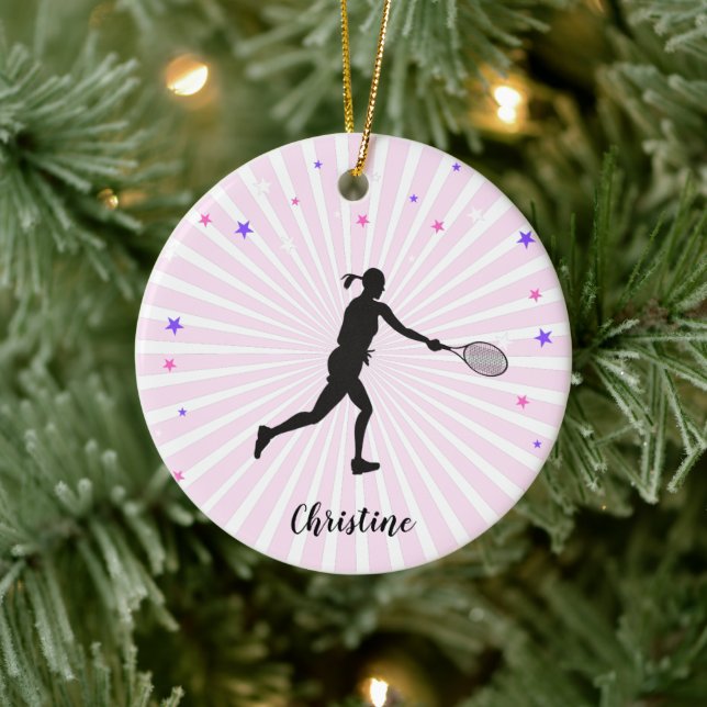 Tennis Girl Playing Sport Rosa Sonnenuntergang Far Keramik Ornament (Baum)
