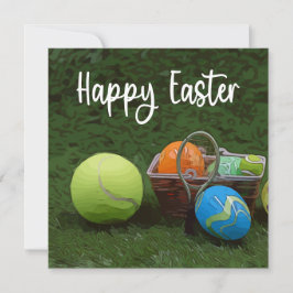 Tennis Happy Ostern mit Ball und Eiern auf Grün Feiertagskarte