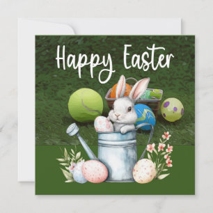 Tennis Happy Ostern mit Ball und Eiern auf Grün Feiertagskarte