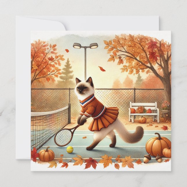 Tennis Herbstkatze mit Blume Feiertagskarte (Vorderseite)
