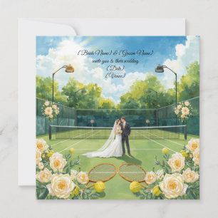 Tennis-Hochzeit mit Braut und Bräutigam auf dem Te Einladung