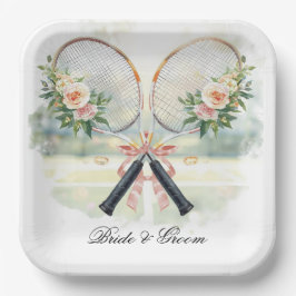 Tennis-Hochzeits-Schläger mit Blumen-Braut & Bräut Pappteller