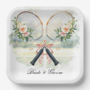 Tennis-Hochzeits-Schläger mit Blumen-Braut & Bräut Pappteller