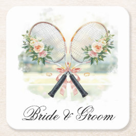 Tennis-Hochzeits-Schläger mit Blumen Braut & Bräut Rechteckiger Pappuntersetzer