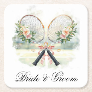 Tennis-Hochzeits-Schläger mit Blumen Braut & Bräut Rechteckiger Pappuntersetzer