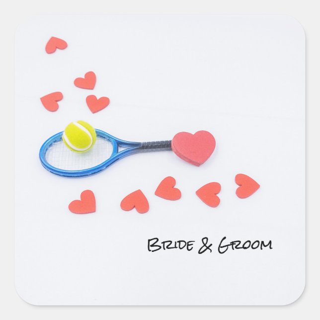 Tennis-Liebe mit Tennisball und Schlägerhochzeit Quadratischer Aufkleber (Vorderseite)