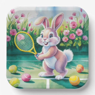 Tennis Ostern Thema mit Hase auf dem Spielfeld Pappteller