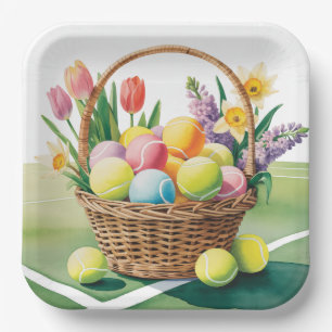 Tennis Ostern thematisch mit farbenfrohen Bällen Pappteller