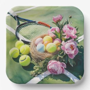 Tennis Ostern thematisch mit farbenfrohen Bällen u Pappteller