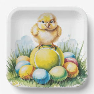 Tennis Ostern thematisch mit farbenfrohen Bällen u Pappteller