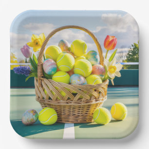 Tennis Ostern thematisch mit farbenfrohen Bällen u Pappteller