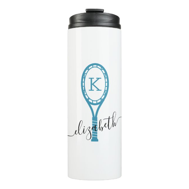 Tennis Personalisiert Name Initial Aquamarin Thermosbecher (Vorderseite)