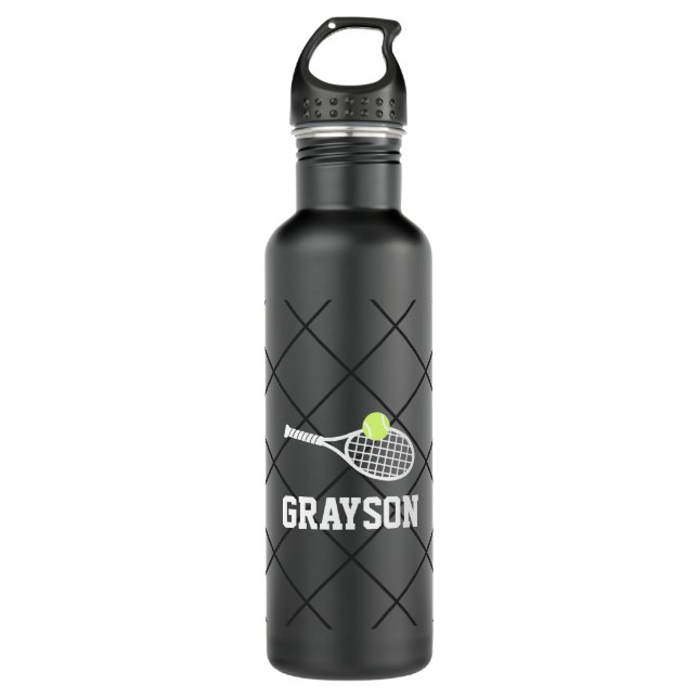 Tennis Personalisiert Name Modernes Schwarz Edelstahlflasche (Vorderseite)