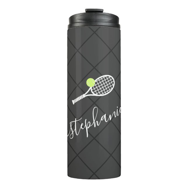 Tennis Personalisiert Script Name Monogram Thermosbecher (Vorderseite)