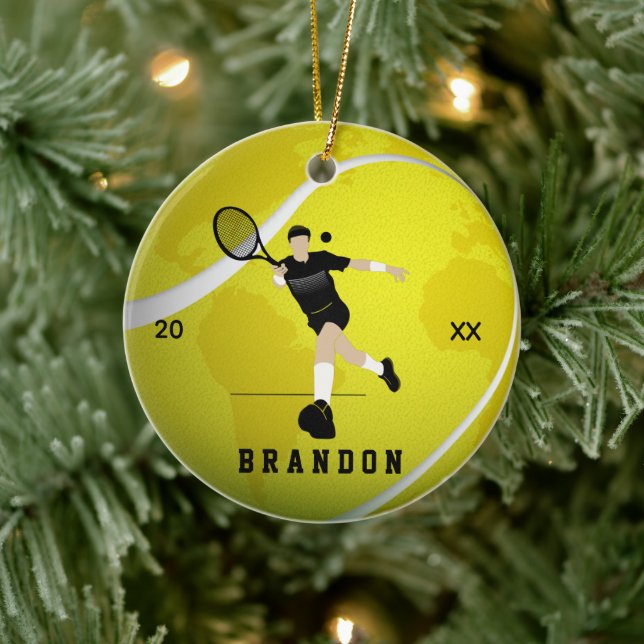 Tennis Player Silhouette Name & Year Earth Ball Keramik Ornament (Baum)