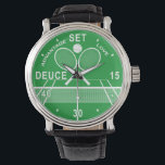 Tennis Players, Tennis Watch. Watch Armbanduhr<br><div class="desc">Tennis Players, Tennis Watch. This fun Tennis Players, Tennis wristwatch has a tennis match theme. It has a tennis court design with a tennis net and above it are two crossed tennis rackets and a tennis ball. Instead of numerals it has a tennis score around the green dial: Love, 15,...</div>
