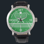 Tennis Players, Tennis Watch. Watch Armbanduhr<br><div class="desc">Tennis Players, Tennis Watch. This fun Tennis Players, Tennis wristwatch has a tennis match theme. It has a tennis court design with a tennis net and above it are two crossed tennis rackets and a tennis ball. Instead of numerals it has a tennis score around the green dial: Love, 15,...</div>