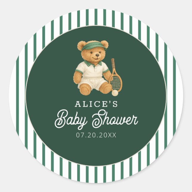Tennis Preppy Bear Baby Dusche Runder Aufkleber (Vorderseite)
