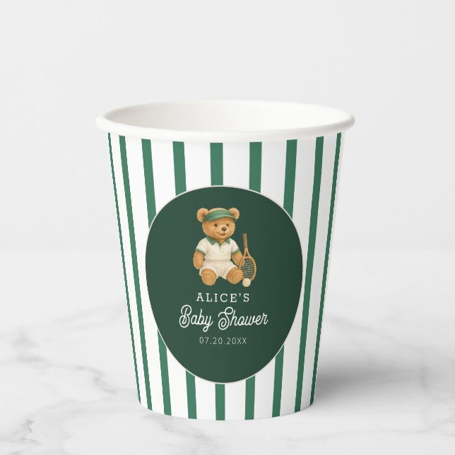Tennis Preppy Bear Green Striping Baby Dusche Pappbecher (Vorderseite)