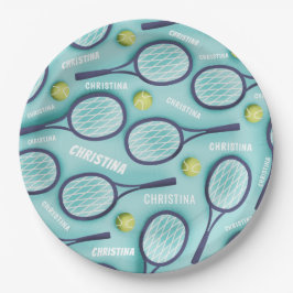 Tennis Racket Ball & Kids Girls Muster blau Pappteller