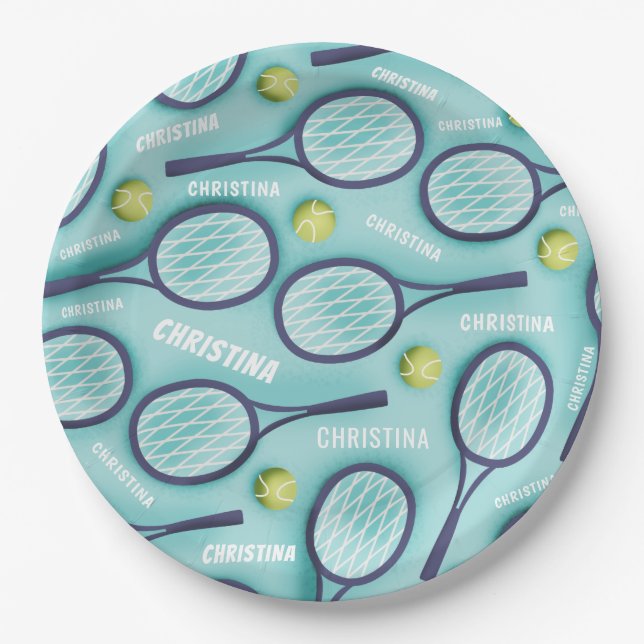 Tennis Racket Ball & Kids Girls Muster blau Pappteller (Vorderseite)