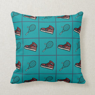 Tennis Racket Farbenfrohe Sneaker Muster Blau Kissen