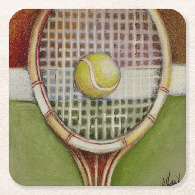 Tennis-Racket mit Ball-Lay vor Gericht Rechteckiger Pappuntersetzer (Vorderseite)