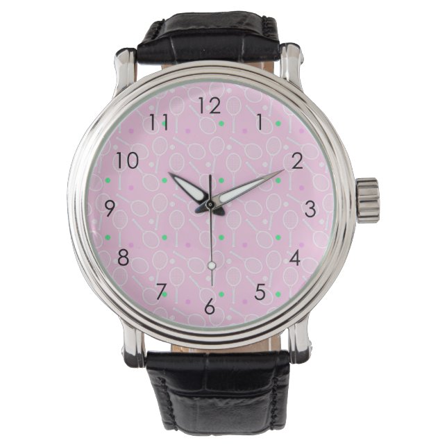 Tennis Racket Muster Pastell Pink Armbanduhr (Vorderseite)