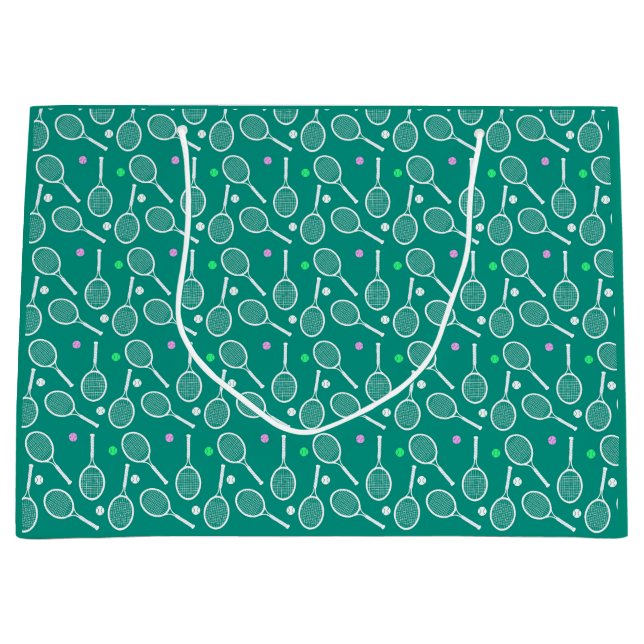 Tennis Racket Muster Retro Emerald Green Große Geschenktüte (Vorderseite)
