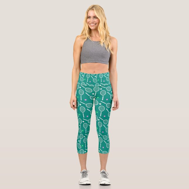 Tennis Racket Pattern Green Capri Leggings (Vorderseite)