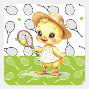 Tennis Racket und Ball für Entenliebhaber Quadratischer Aufkleber