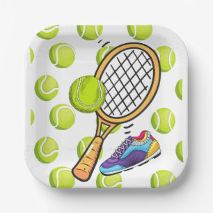 Tennis Racket und Ball mit Schuh für Tennis Spiele Pappteller