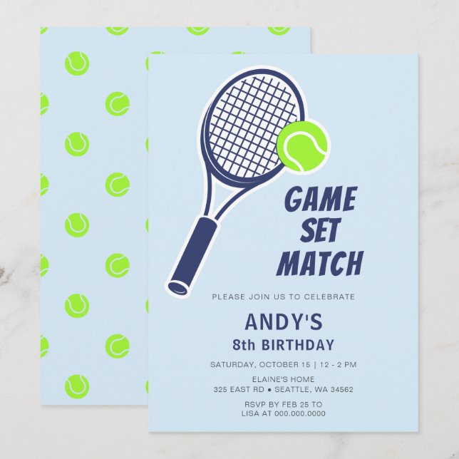 Tennis Racquet Blue Boys Geburtstag Einladung (Vorne/Hinten)