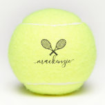 Tennis-Racquets und Ball-Name Personalisiert Tennisbälle<br><div class="desc">Maßgeschneiderte Tennisbälle mit personalisiertem Namen oder in einem femininen, gürtlichen und modernen hübschen Drehbuch-Schriftart und zwei gekreuzten Tennisschläger Monogramm-Design. Jeder weibliche Tennisspieler würde das elegante Aussehen dieser modernen mit Monogramm Übungsbälle als Geschenk schätzen.</div>