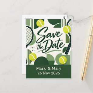 Tennis Save-the-Date-Schläger und Ball-Design Postkarte