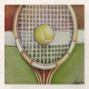 Tennis-Schläger mit dem Ball, der auf Gericht legt Glasuntersetzer