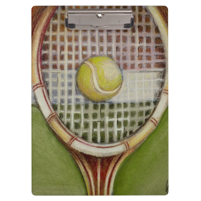 Tennis-Schläger mit dem Ball, der auf Gericht legt Klemmbrett (Vorderseite)
