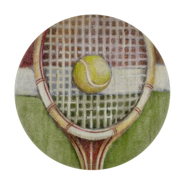 Tennis-Schläger mit dem Ball, der auf Gericht legt Schneidebrett (Vorderseite)