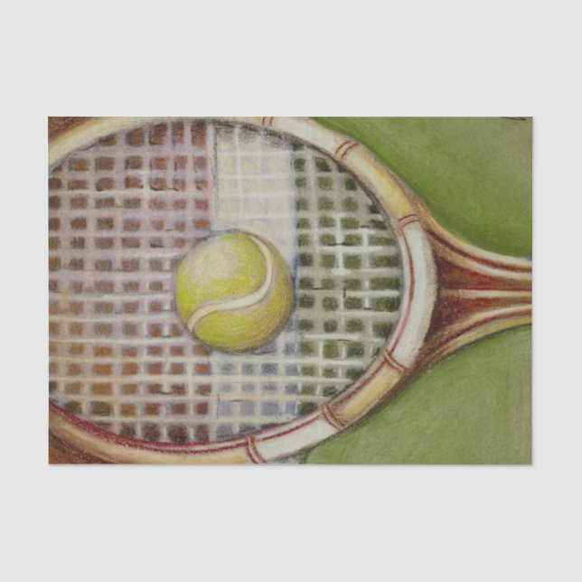Tennis-Schläger mit dem Ball, der auf Gericht legt Seidenpapier (Vorderseite)