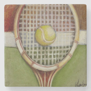 Tennis-Schläger mit dem Ball, der auf Gericht legt Steinuntersetzer