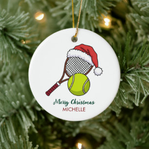 Tennis-Schläger mit Santa-Hut, individuelles Weihn Keramik Ornament