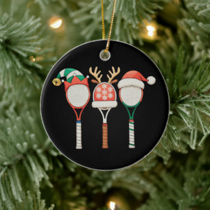 Tennis-Schläger-Rentiere-Hirschgeweih-Santa-Hut-We Keramik Ornament
