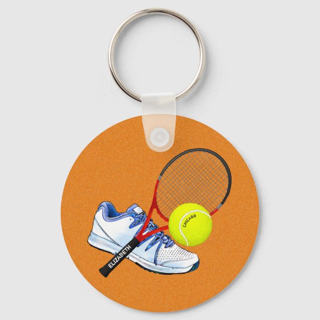 Tennis Shoe Ball And Racket With Your Custom Text Schlüsselanhänger (Vorderseite)