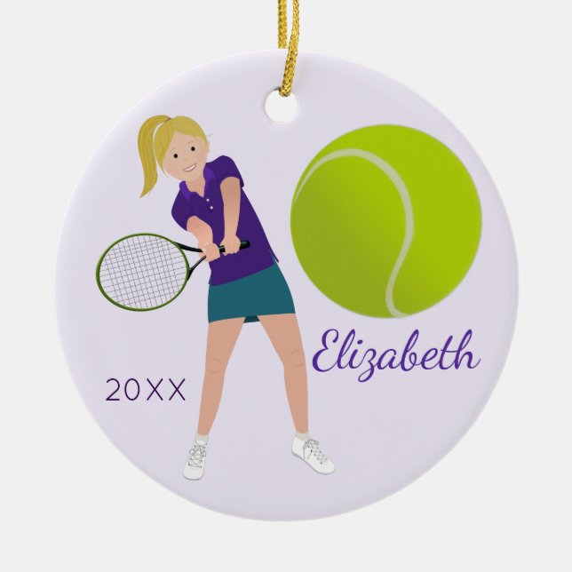 Tennis-Spieler-blonde Andenken-Verzierung Keramik Ornament (Vorne)