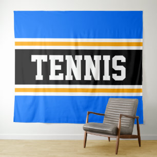 TENNIS Sporty Bright Blue Black Yellow Stripes Wandteppich